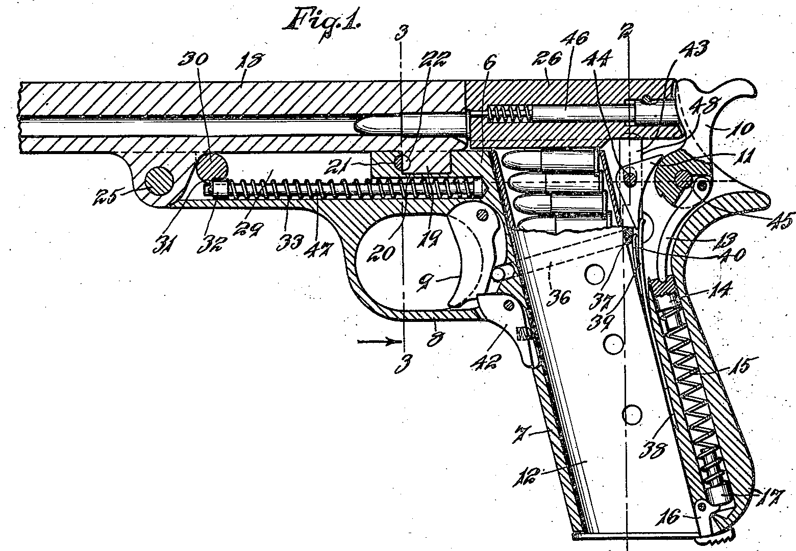 Patent drawing, U.S. Patent 1,395,141 (shown for Reising .22 pistol)