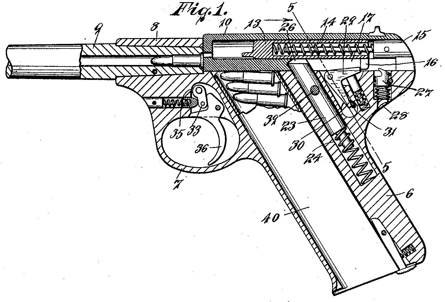 Patent drawing, U.S. Patent 1,489,989 (shown for Fiala Model 1920 repeating pistol, with stock)