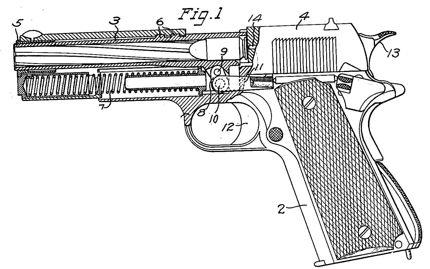 Patent drawing, U.S. Patent 2,090,657 (shown for Colt Service Model Ace)