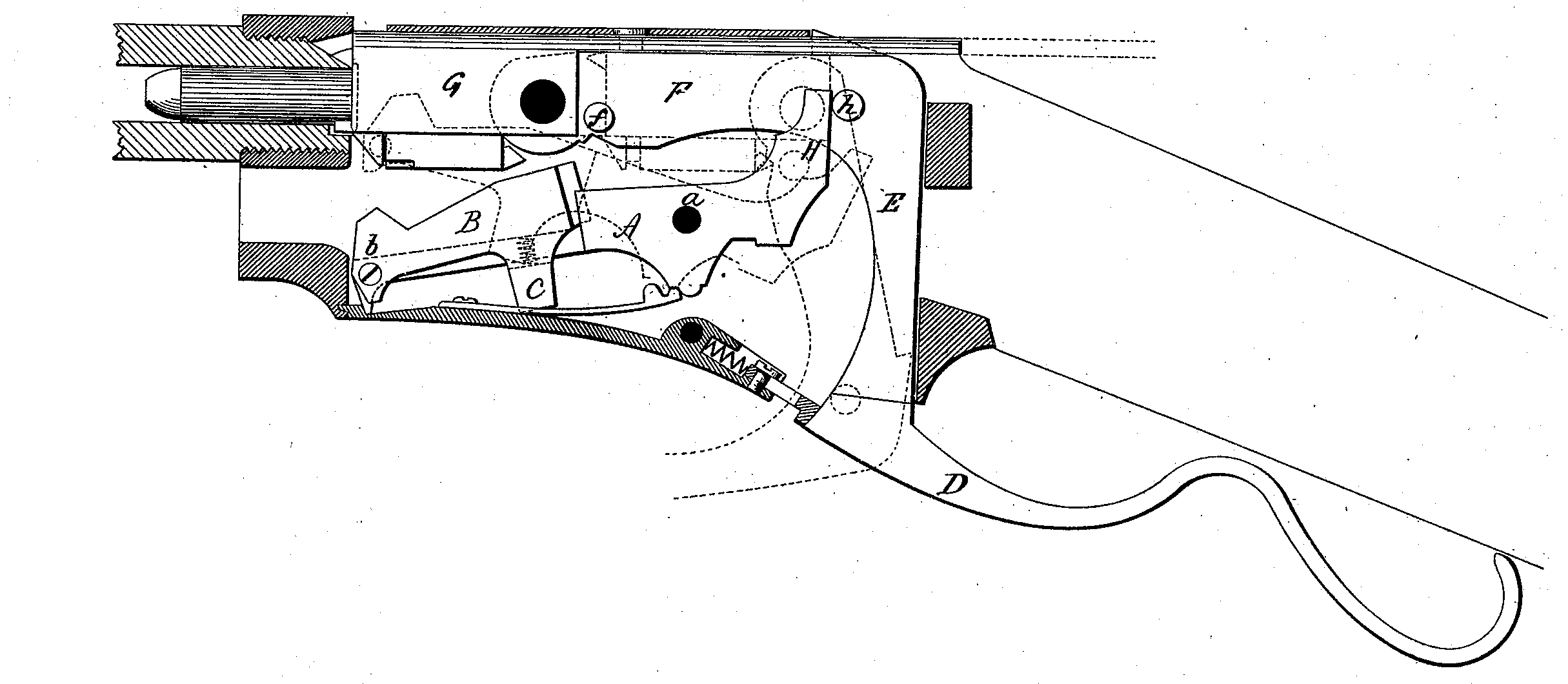 Patent drawing, U.S. Patent 215,227 (shown for Kennedy repeating rifle, 14-inch barrel)