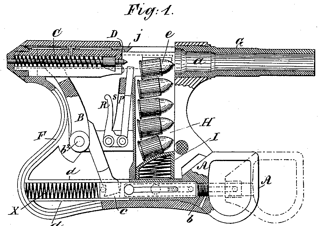 Patent drawing, U.S. Patent 461,968 (shown for Tribuzio squeezer pistol)