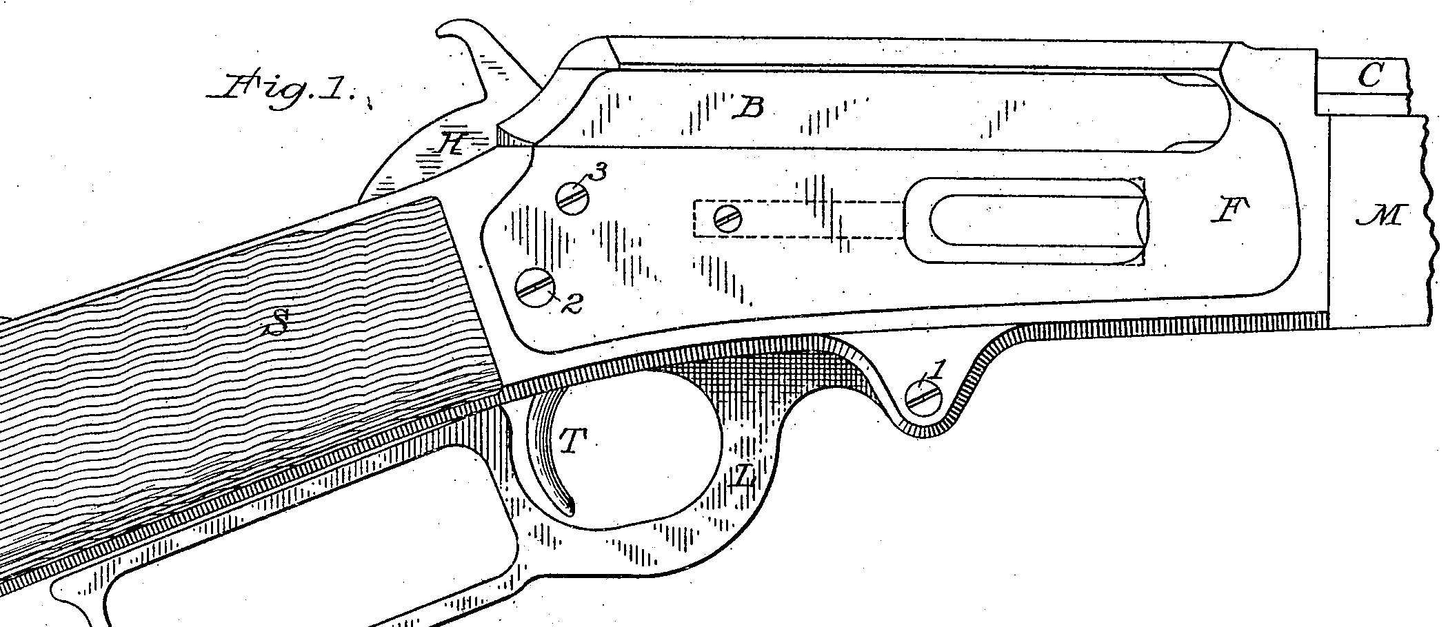 Patent drawing, U.S. Patent 502,489 (shown for Marlin Model 1894 carbine, 15-inch barrel)