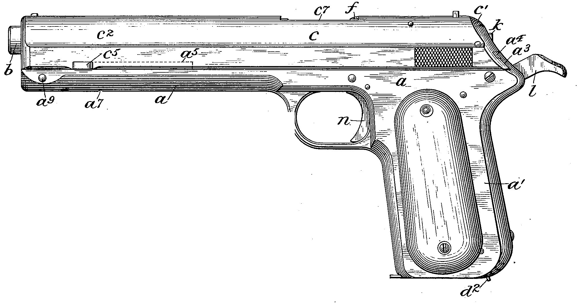 Patent drawing, U.S. Patent 580,924 (shown for Colt Model 1903 Pocket Hammer)