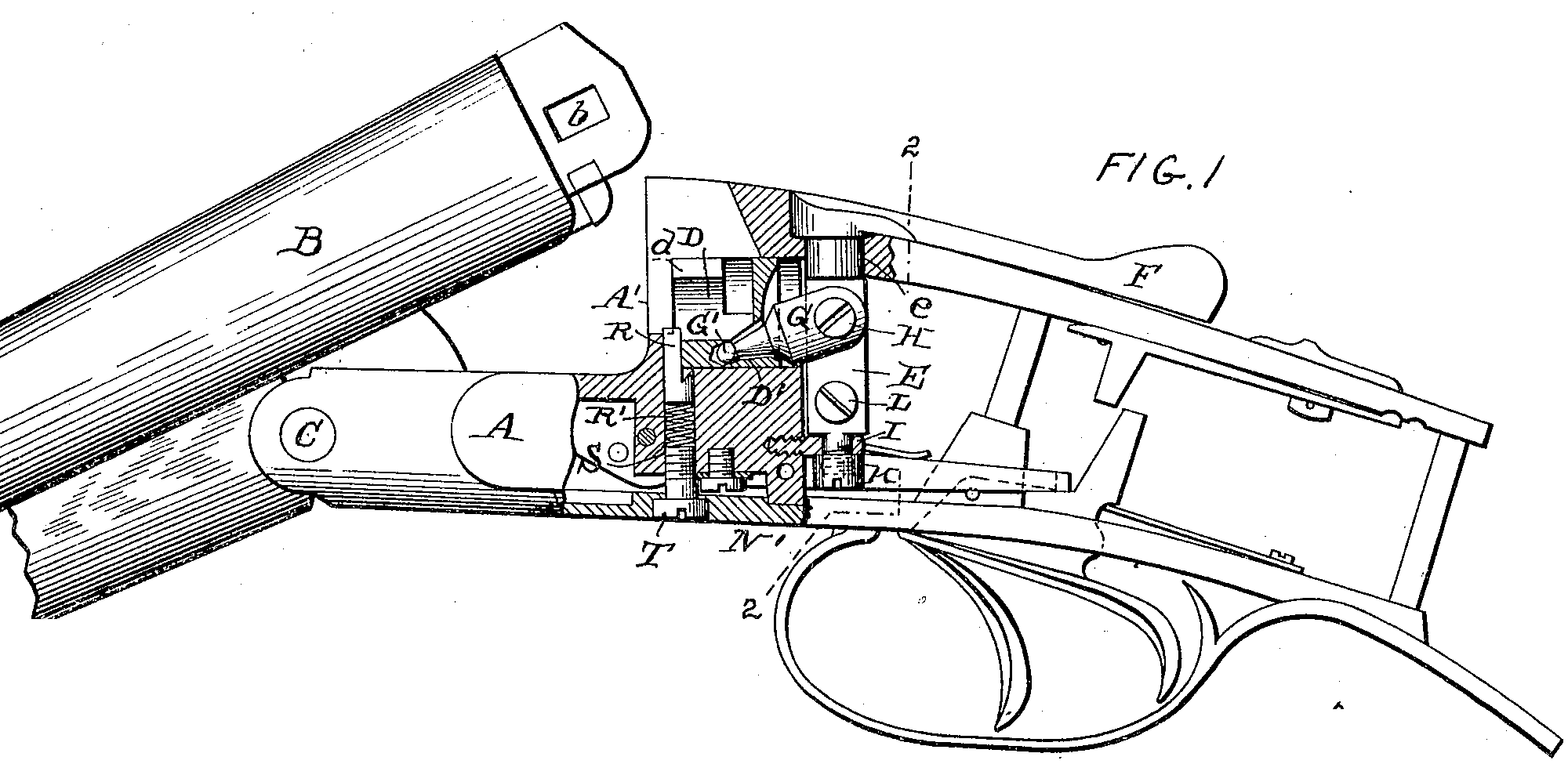 Patent drawing, U.S. Patent 810,046 (shown for A.H. Fox double-barrel shotguns)