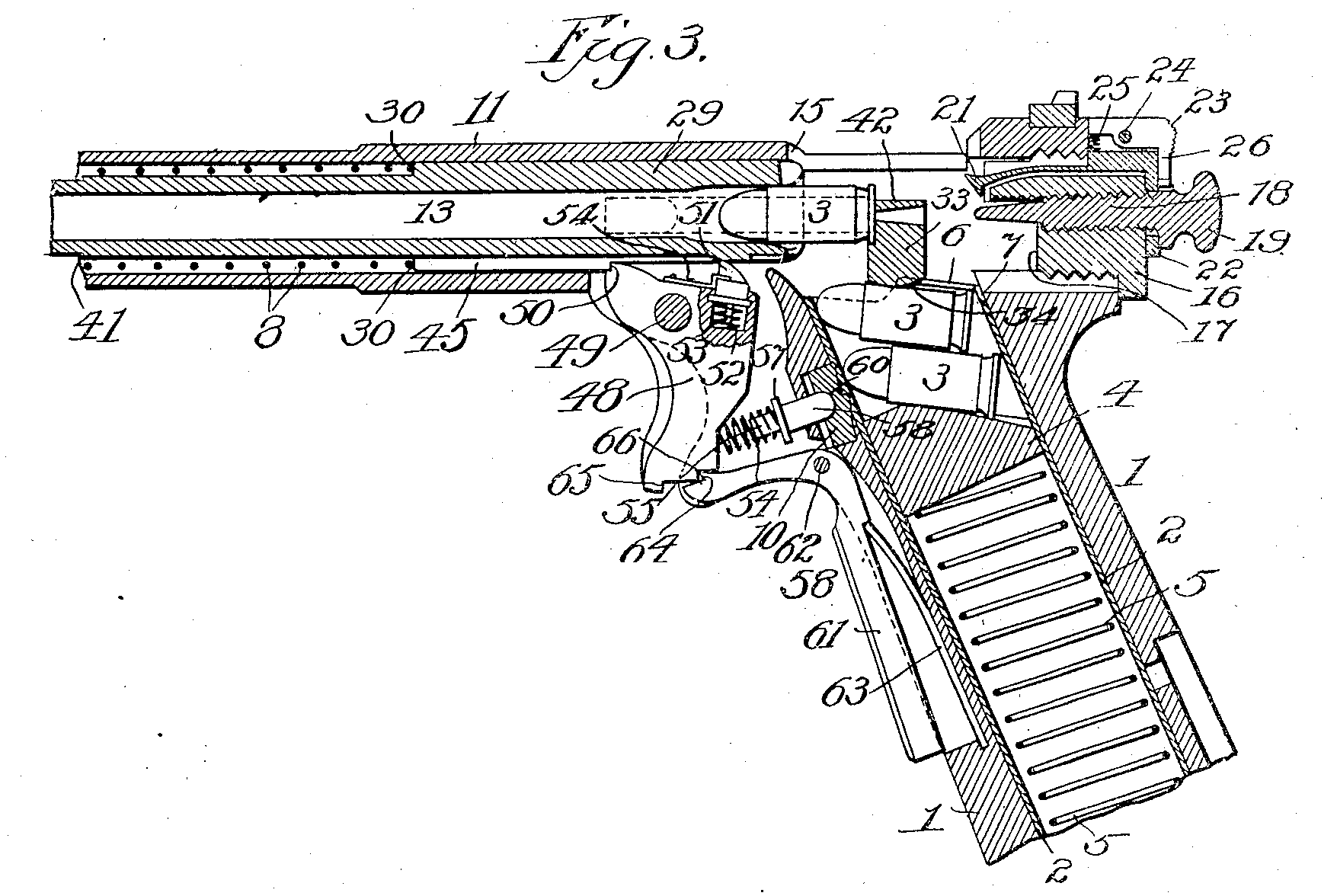 Patent drawing, U.S. Patent 886,211 (shown for Hino–Komuro pistol, 8mm, S/N 126)